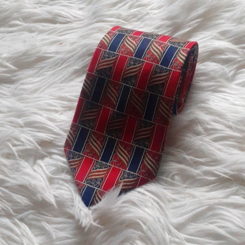 Vtg Giorgio Armani Red, Gold, & Blue Patterned Tie Cravatte